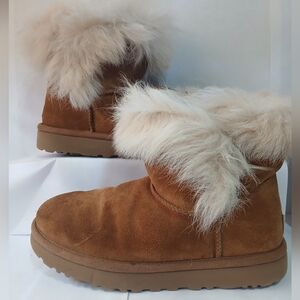 UGG Fur Lined Ankle Boots Suede Womens Sz 7 Fluffy Casual Y2K 2000's Tan White